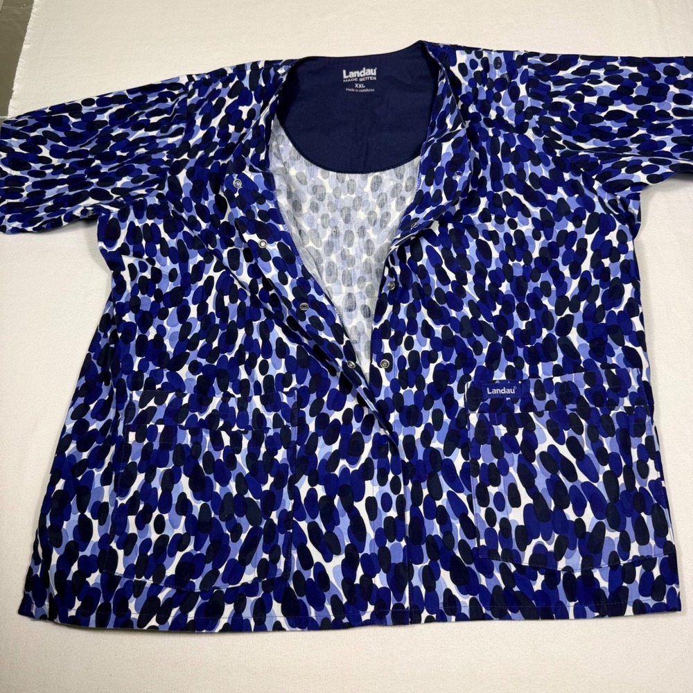 Landau Scrub Jacket XXL Blue Abstract Pebble Snap Front Short Sleeve 8232